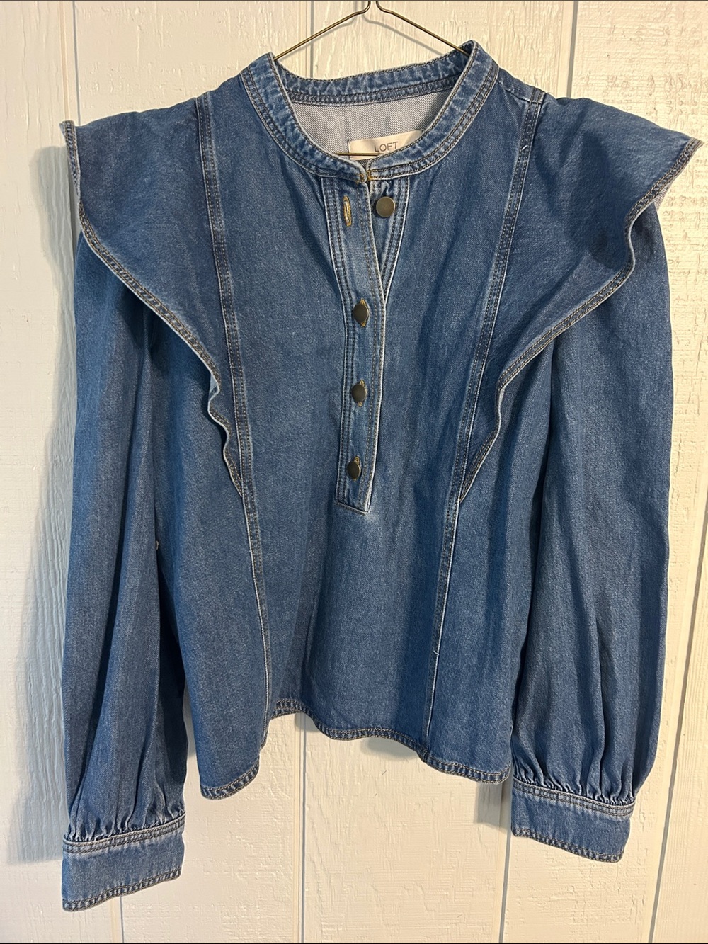 LOFT Blue Denim Ruffle-Shoulder Button Pullover - Picture 1 of 3